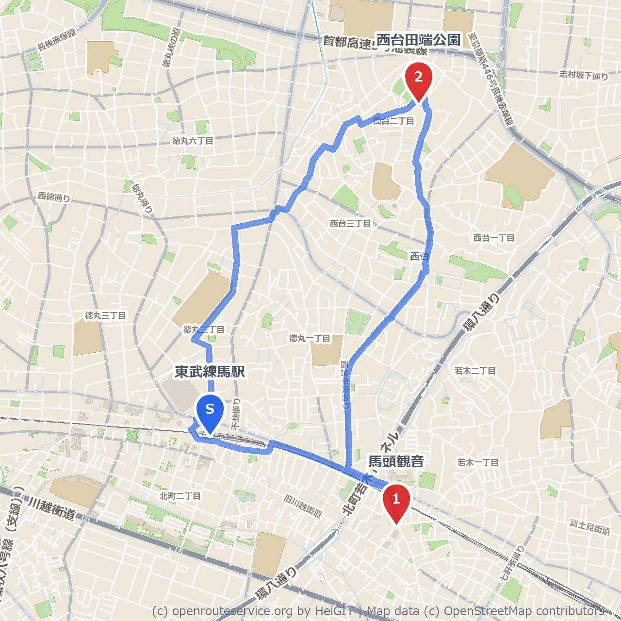 馬頭観音と西台田端公園の静かな散歩路 のコースマップ