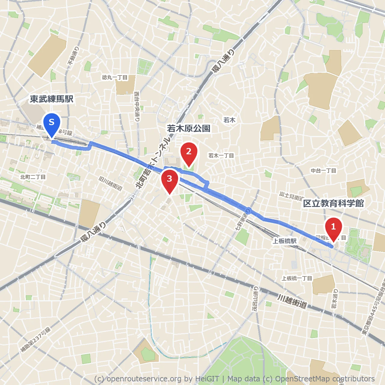 教育科学館から若木原公園を経て馬頭観音へ のコースマップ