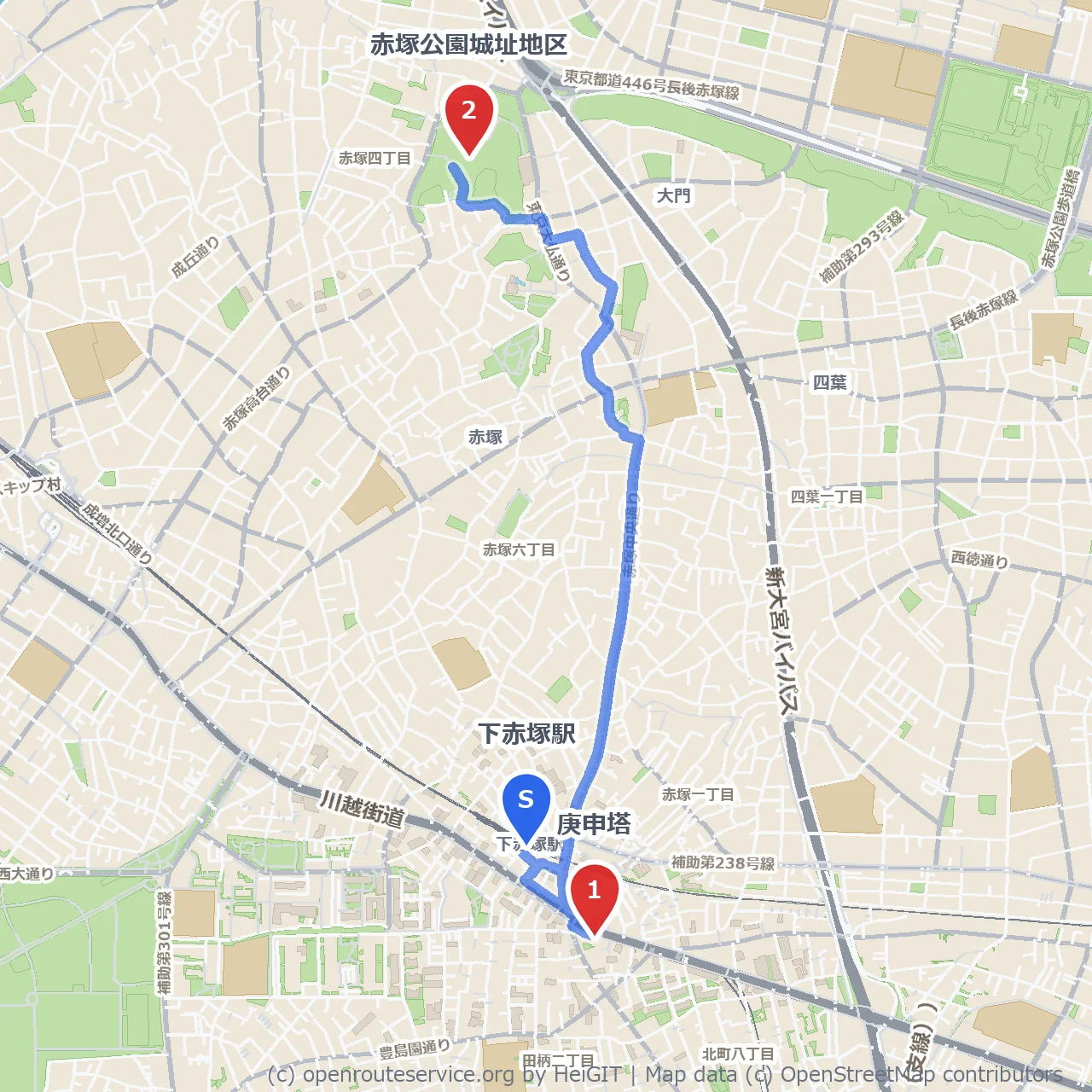 庚申塔と赤塚公園城址で味わう静かな史跡散歩 のコースマップ