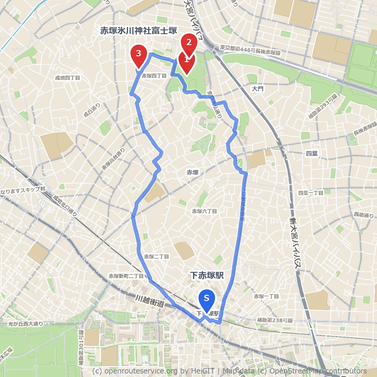 赤塚公園城址から郷土資料館を巡る文化散歩路 のコースマップ