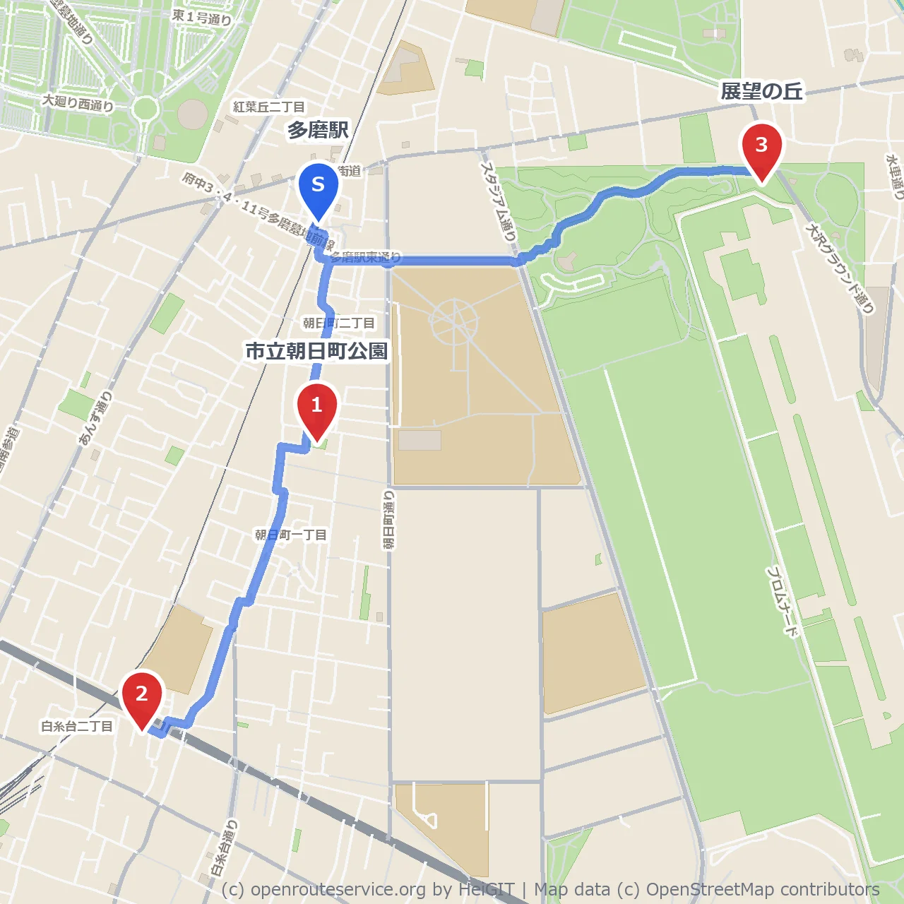 多磨駅近くの戦跡と展望の丘を巡る歴史散歩 のコースマップ