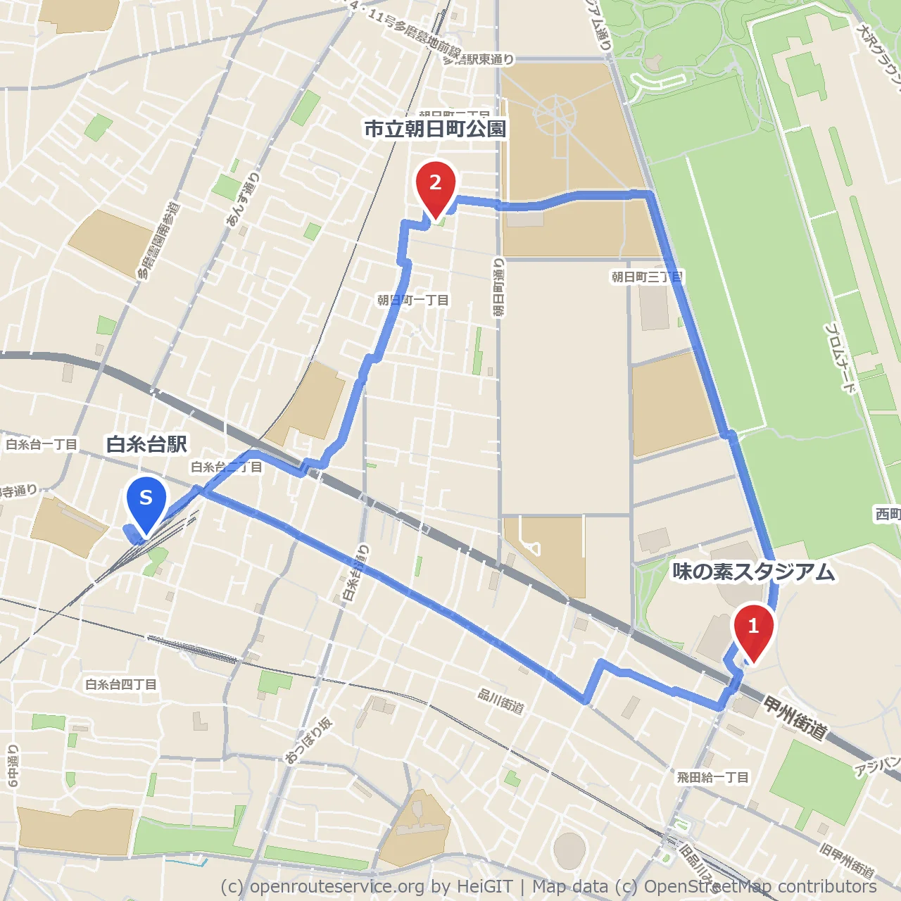 味の素スタジアムから朝日町公園までの自然散策 のコースマップ
