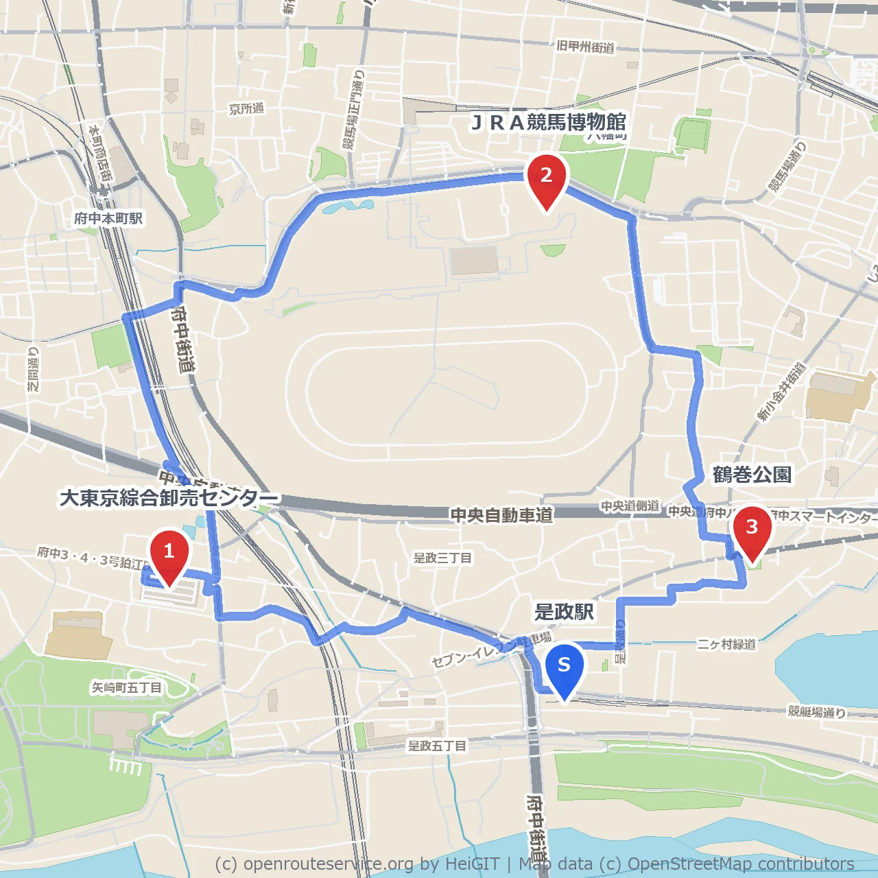是政駅から卸売市場・競馬博物館・鶴巻公園を巡る自然散策 のコースマップ