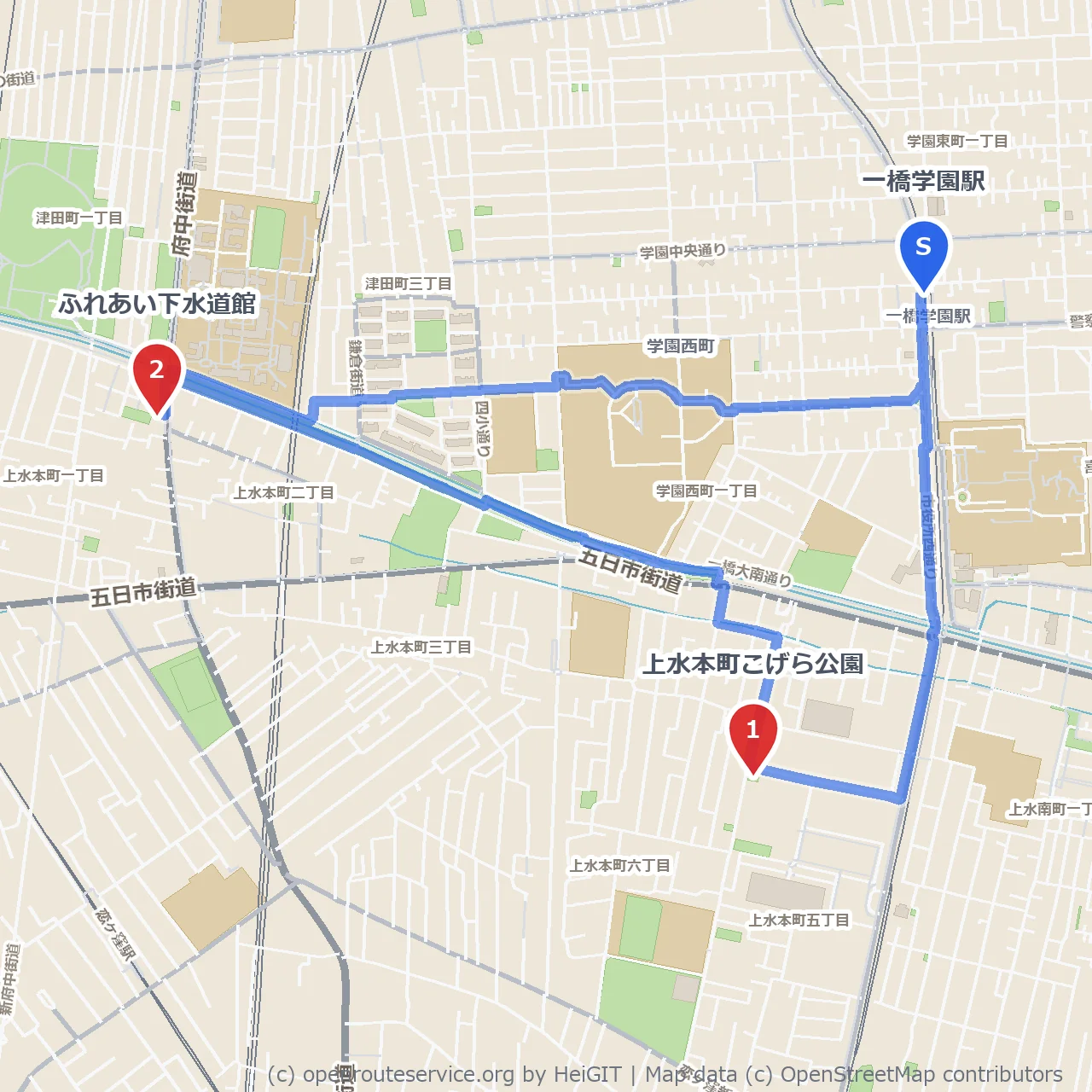 一橋学園駅近く 上水本町こげら公園から下水道館の散策道 のコースマップ