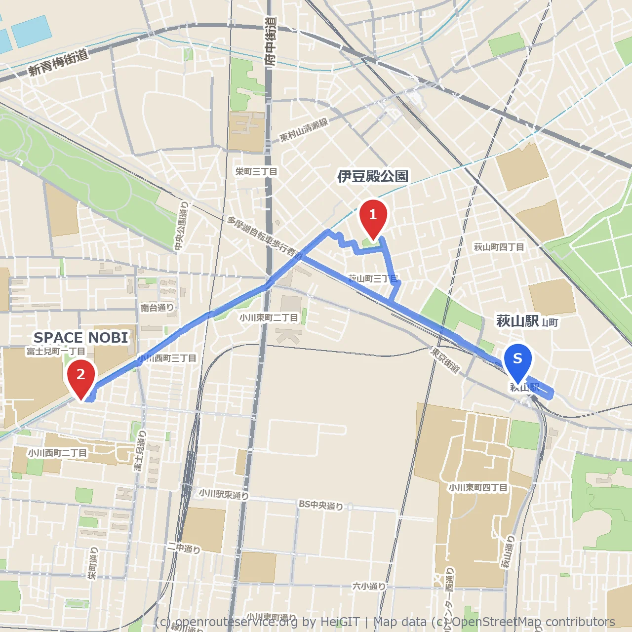 萩山駅から伊豆殿公園とSPACE NOBIの散策路 のコースマップ