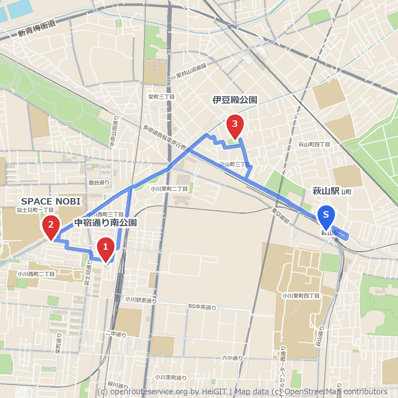 萩山駅周辺の公園とギャラリーを巡る4.5km散歩 のコースマップ