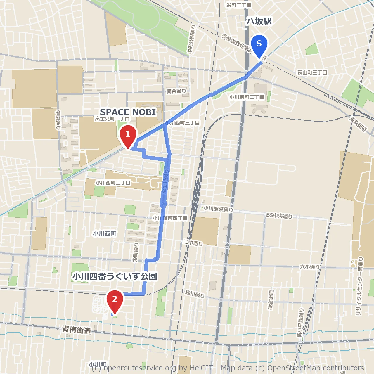 八坂駅近く SPACE NOBIから小川四番うぐいす公園へゆったり散策 のコースマップ
