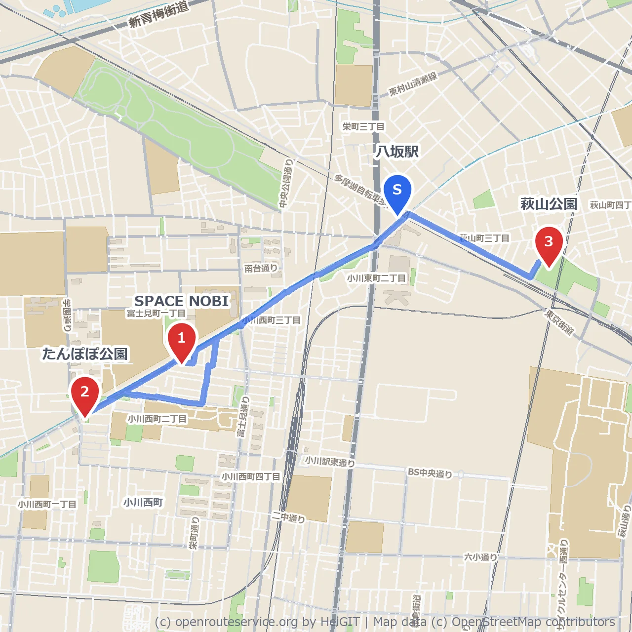 八坂駅周辺 SPACE NOBIと３つの公園をめぐるのんびり散歩コース のコースマップ