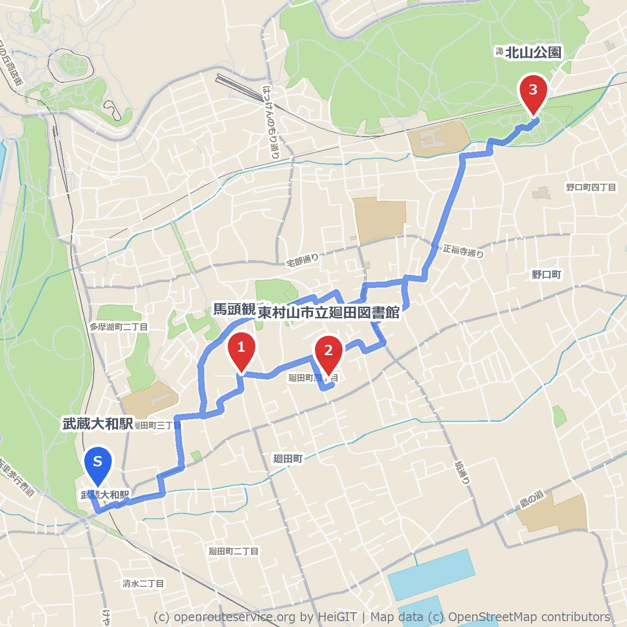 馬頭観音と廻田図書館を巡る北山公園への散歩道 のコースマップ