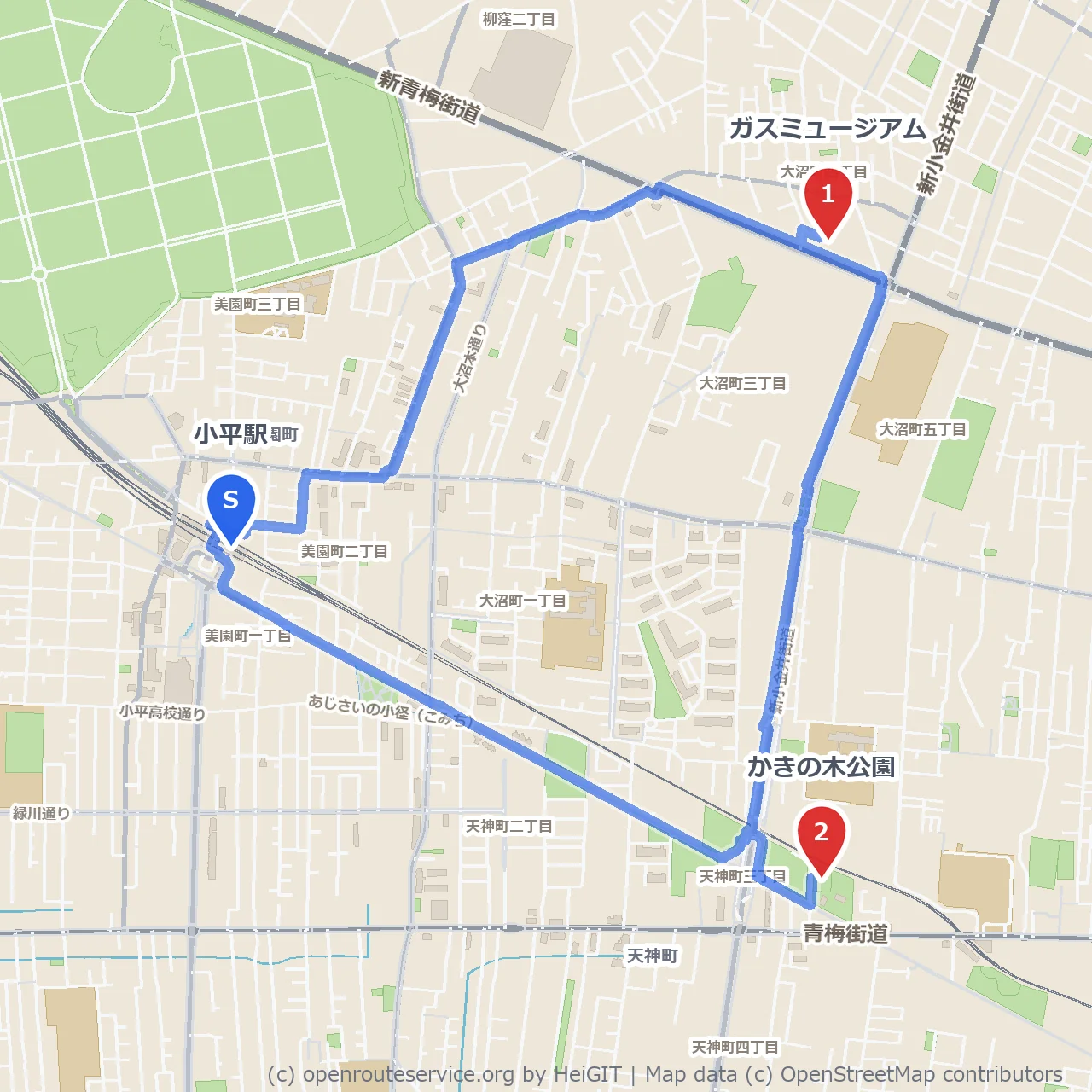 ガスミュージアムからかきの木公園へ自然探索散歩 のコースマップ