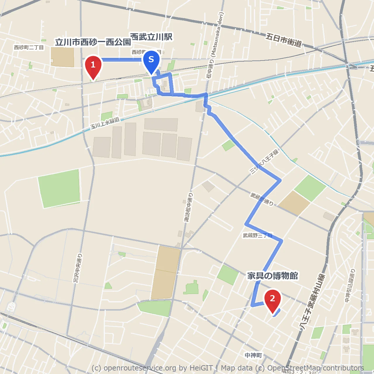 西砂一西公園から家具の博物館へ歩くコース のコースマップ
