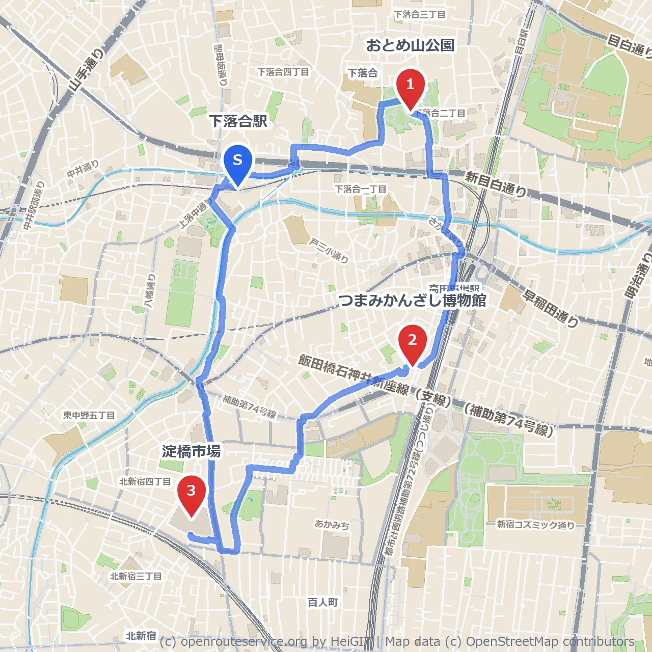 おとめ山公園とつまみかんざし博物館巡りの散歩道 のコースマップ