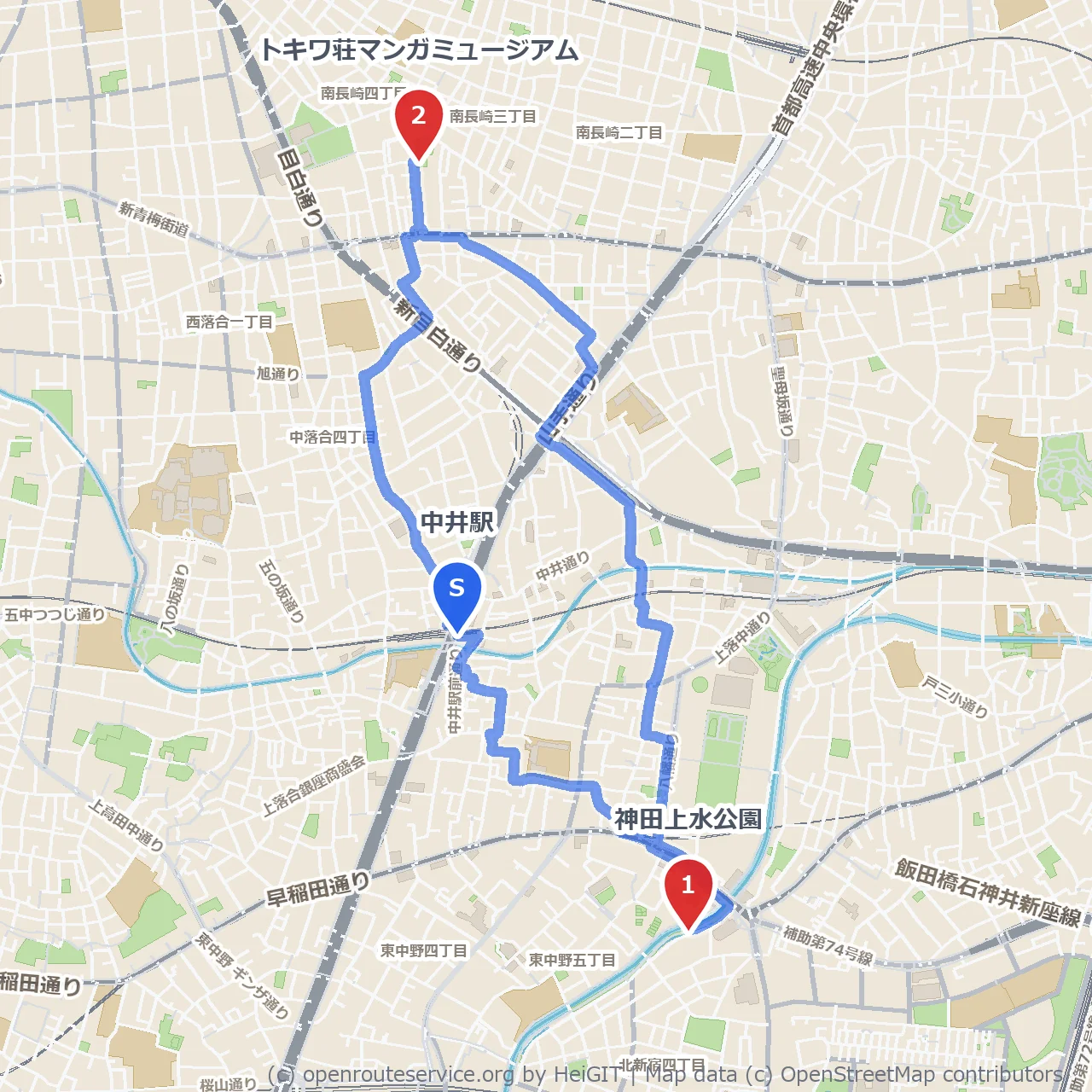 中井駅近く神田上水公園とトキワ荘散策 のコースマップ