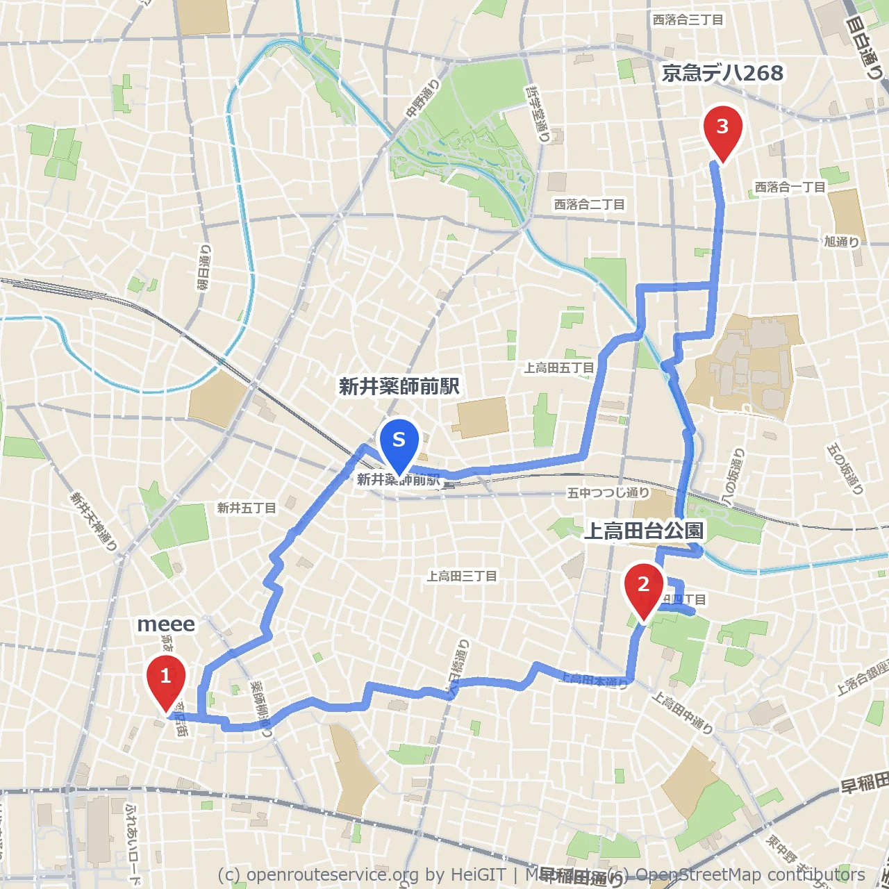 meeeギャラリーと上高田台公園を巡る自然散策 のコースマップ