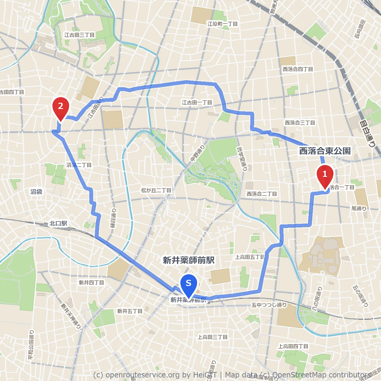 西落合東公園から歴史民俗資料館へ歩く静かな散歩道 のコースマップ