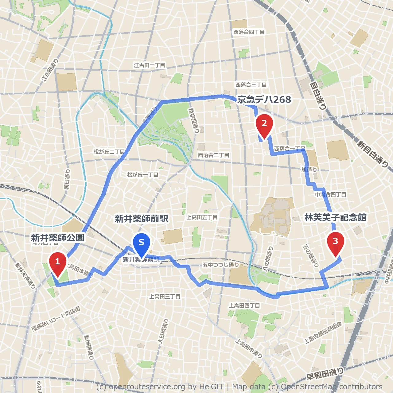 新井薬師公園と京急デハ268、林芙美子記念館めぐり のコースマップ