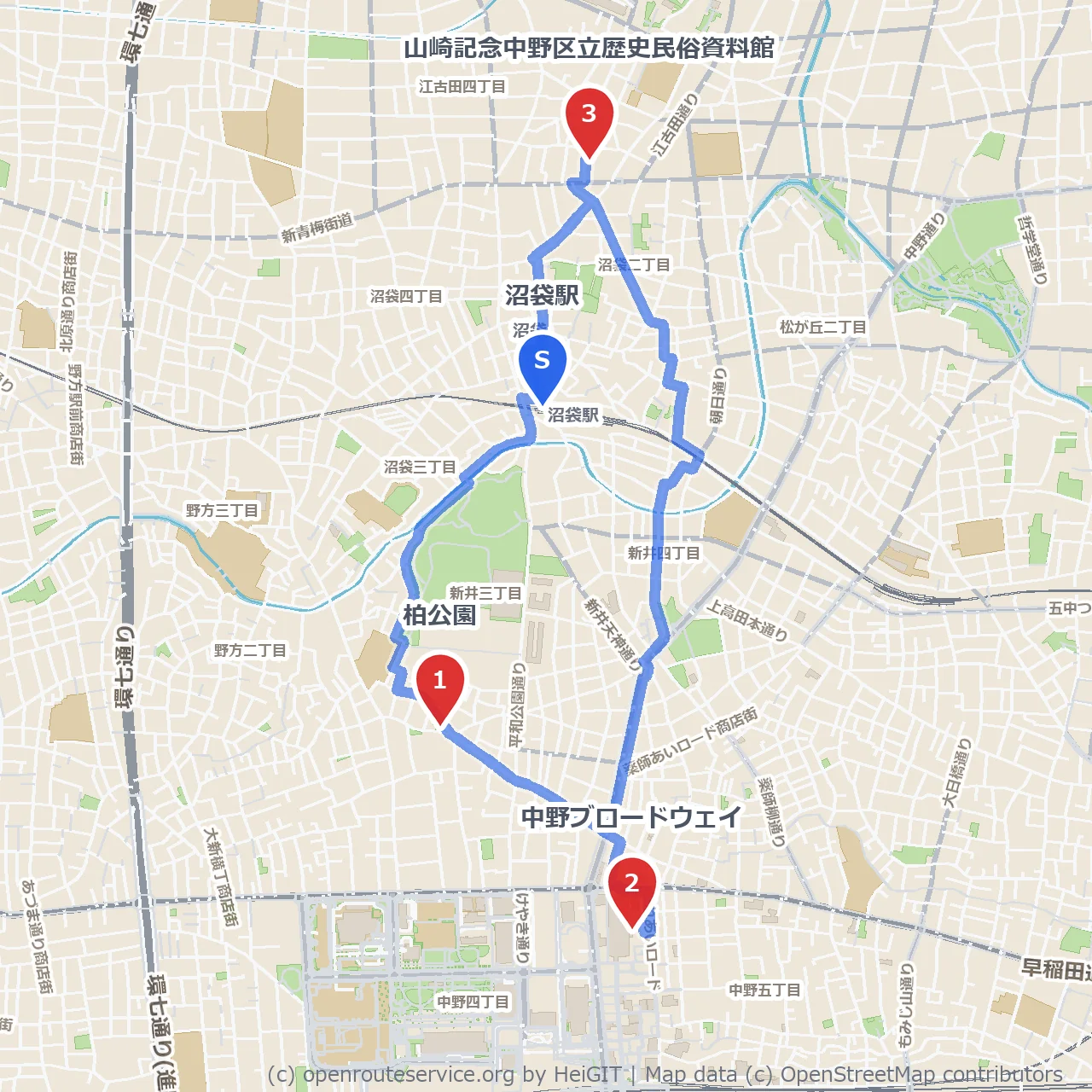 柏公園と中野ブロードウェイ、歴史資料館を訪ねて のコースマップ