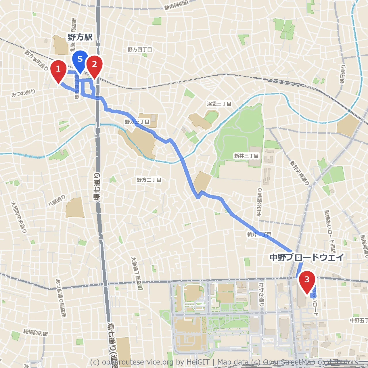 野方笑い地蔵尊とくるみ公園から中野ブロードウェイへ歩く のコースマップ