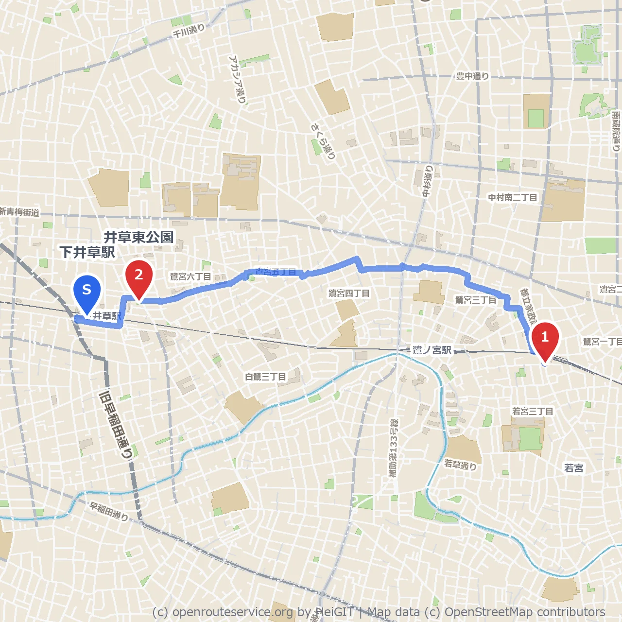 下井草の史跡と井草東公園の自然散策 のコースマップ