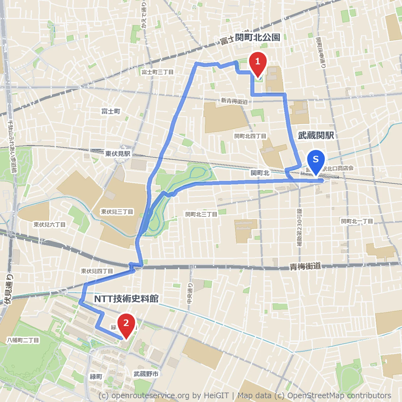関町北公園とNTT技術史料館を巡る歴史散歩 のコースマップ