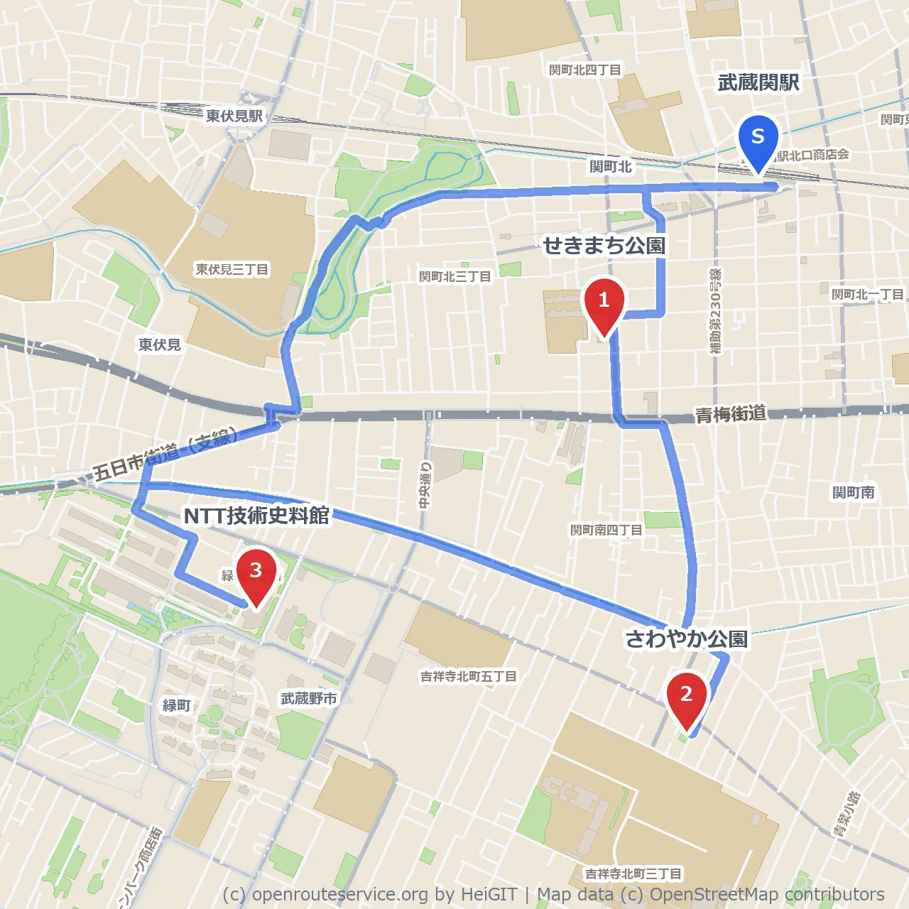 せきまち・さわやか公園を抜けて見る技術史料館の道 のコースマップ