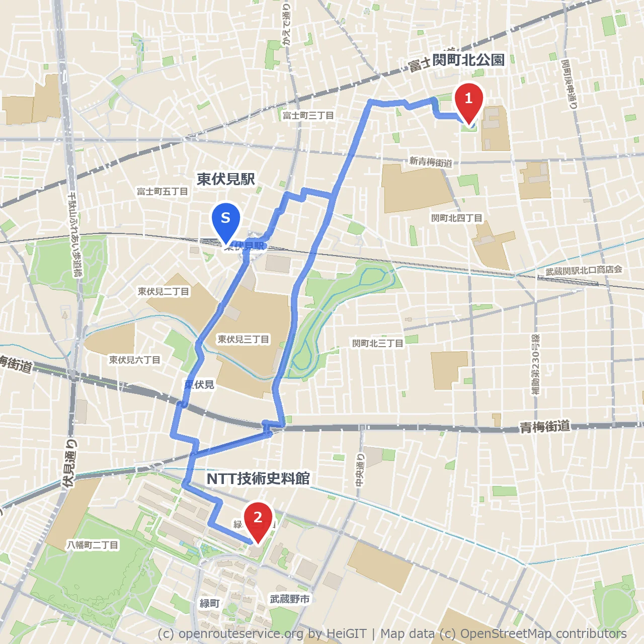 関町北公園とNTT技術史料館を巡る散策路 のコースマップ
