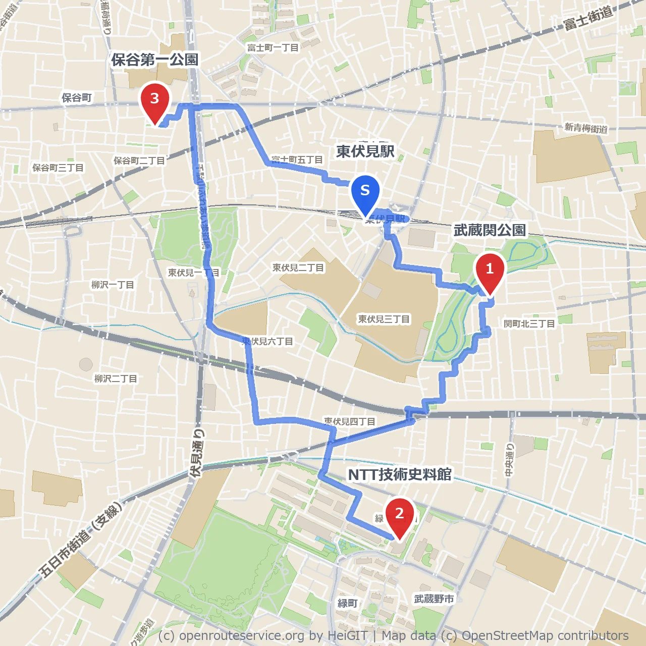 武蔵関公園から保谷第一公園へ歴史と自然を感じる道 のコースマップ