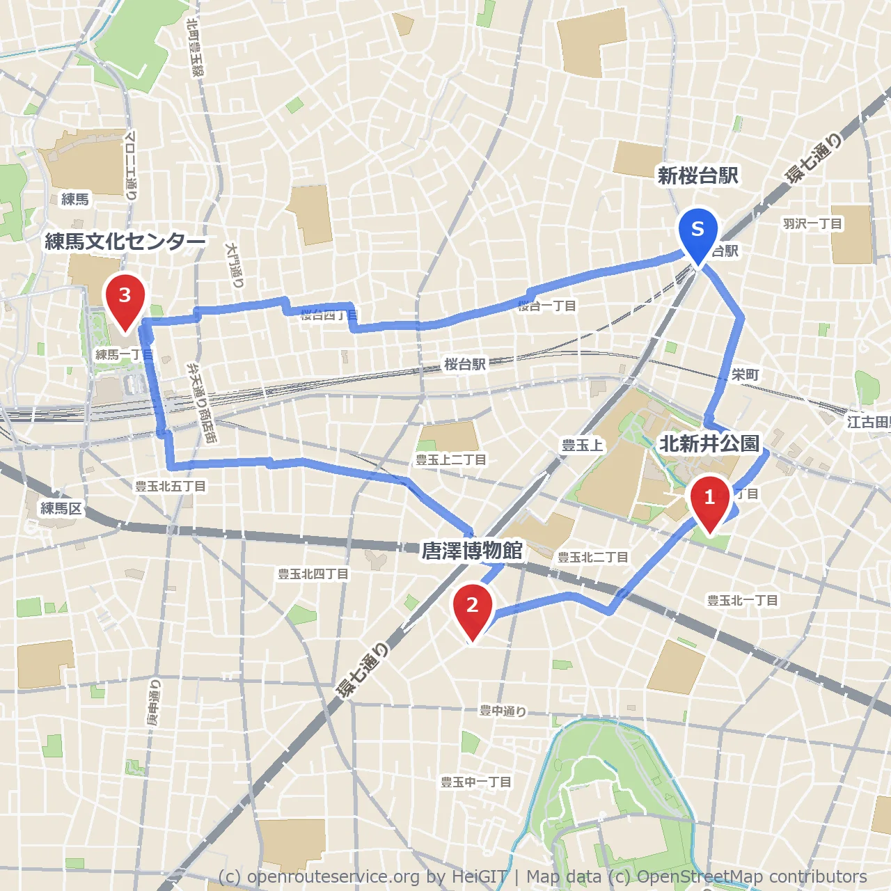 北新井公園から唐澤博物館を巡る練馬文化の歩み のコースマップ