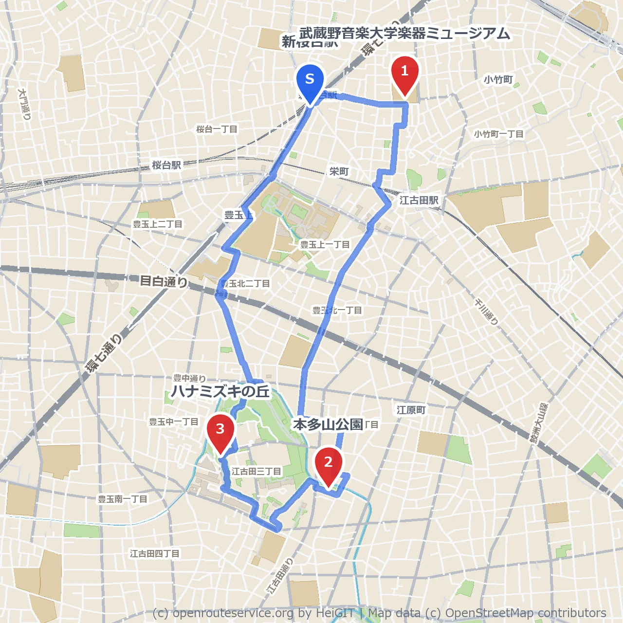 武蔵野音楽大学から本多山公園・ハナミズキの丘へ のコースマップ