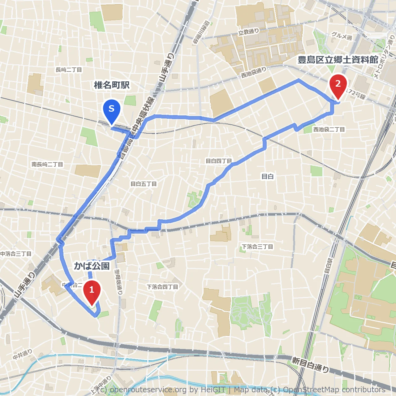 かば公園と豊島区立郷土資料館の歴史散策 のコースマップ