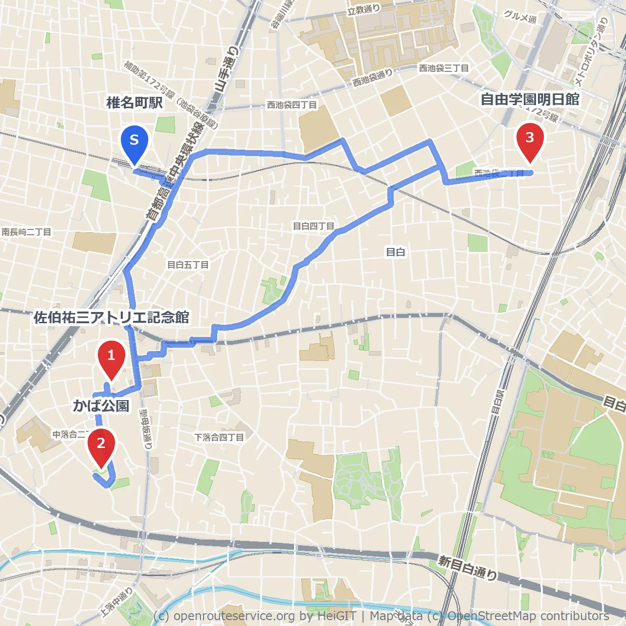 佐伯祐三アトリエから自由学園明日館まで歩く文化巡り のコースマップ