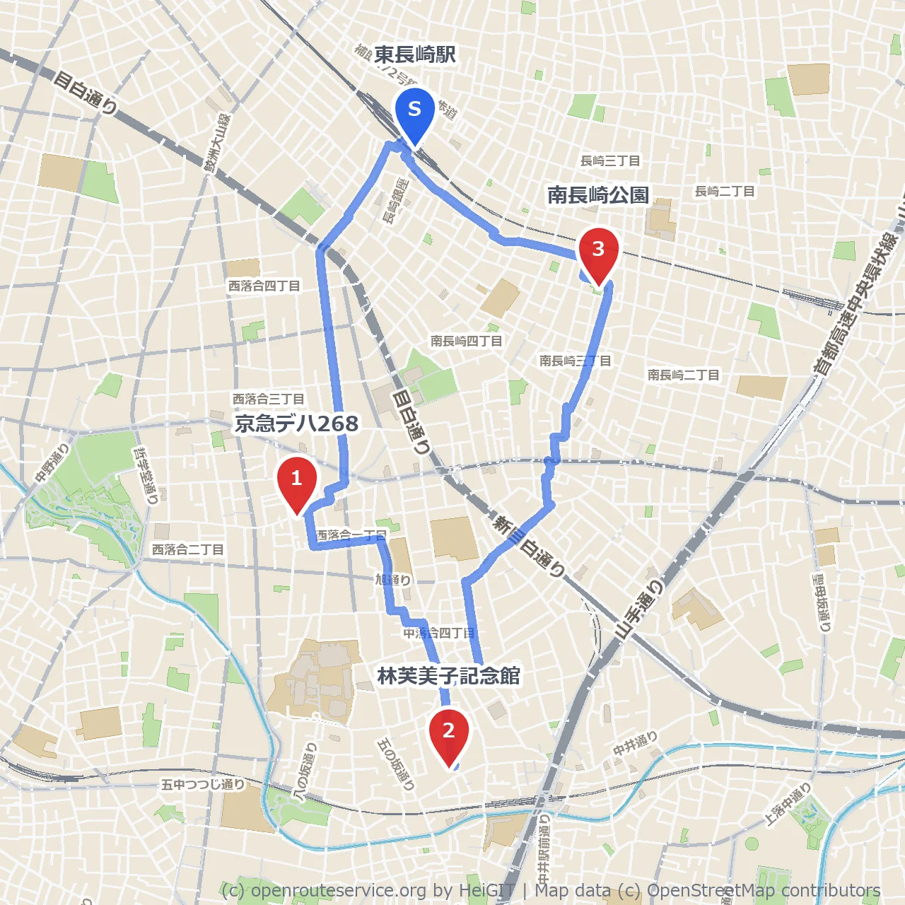京急デハと林芙美子記念館を巡る南長崎散歩 のコースマップ