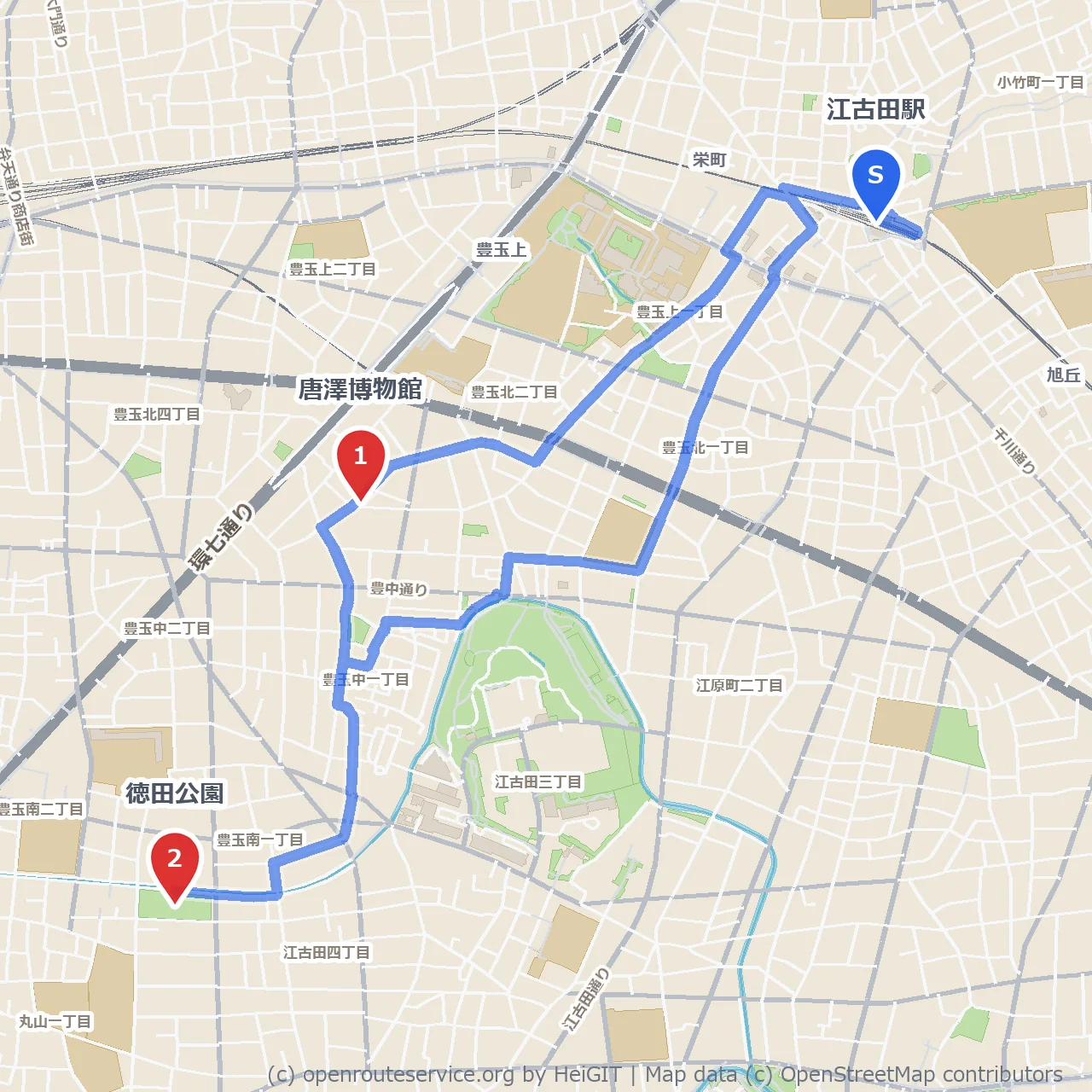 江古田唐澤博物館と徳田公園の静かな散策 のコースマップ