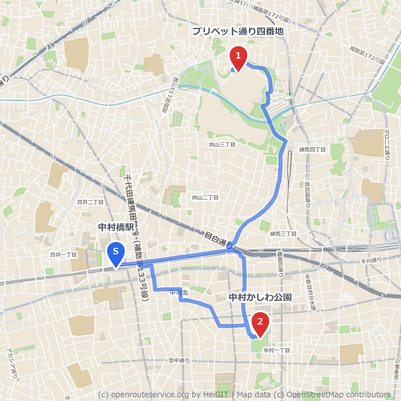 プリベット通り四番地から中村かしわ公園への緑道散策 のコースマップ
