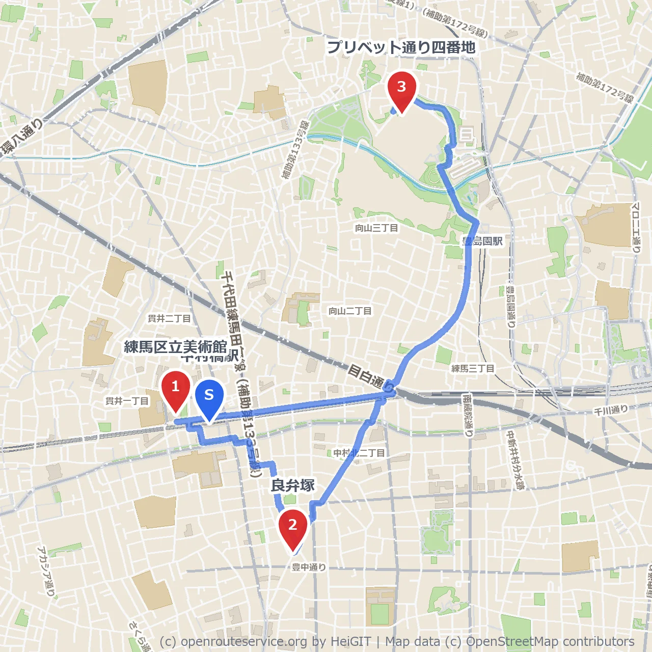 練馬区立美術館から良弁塚、プリベット通り四番地を巡る道 のコースマップ