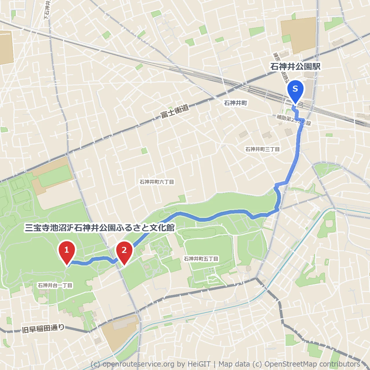 石神井公園を巡る散歩 のコースマップ