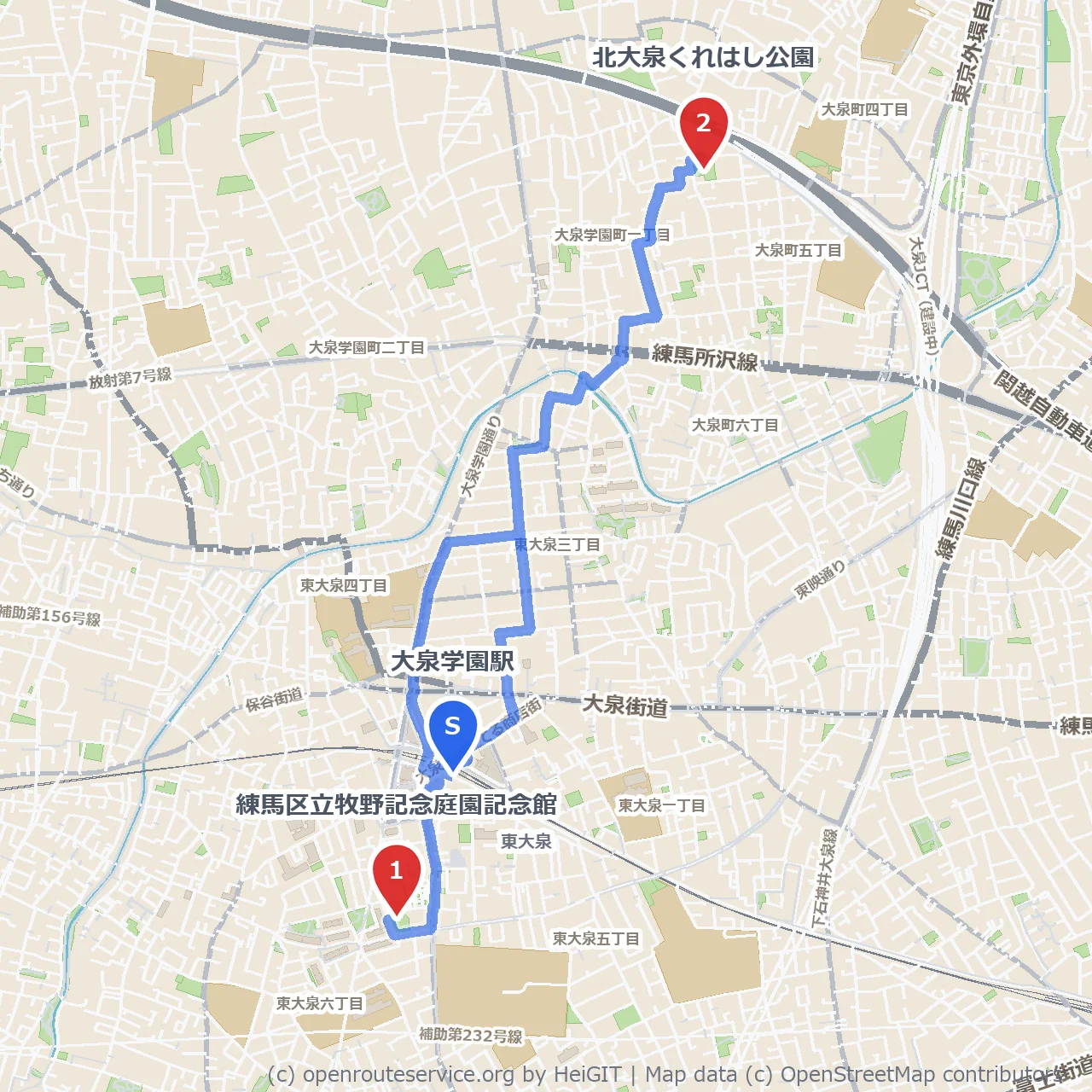 大泉学園周辺 牧野記念庭園とくれはし公園散歩 のコースマップ