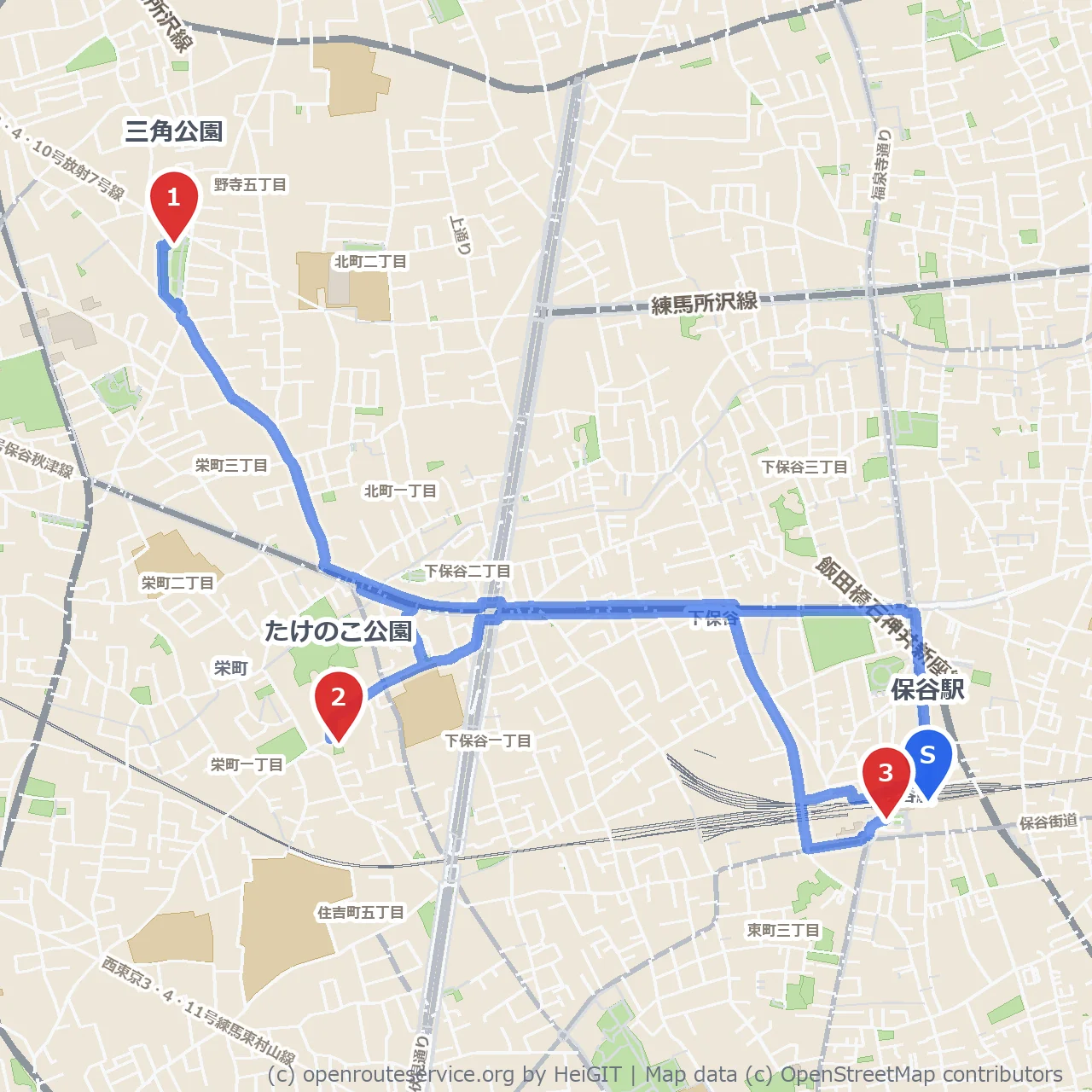 保谷駅周辺の公園めぐり三角とたけのこ公園散歩 のコースマップ