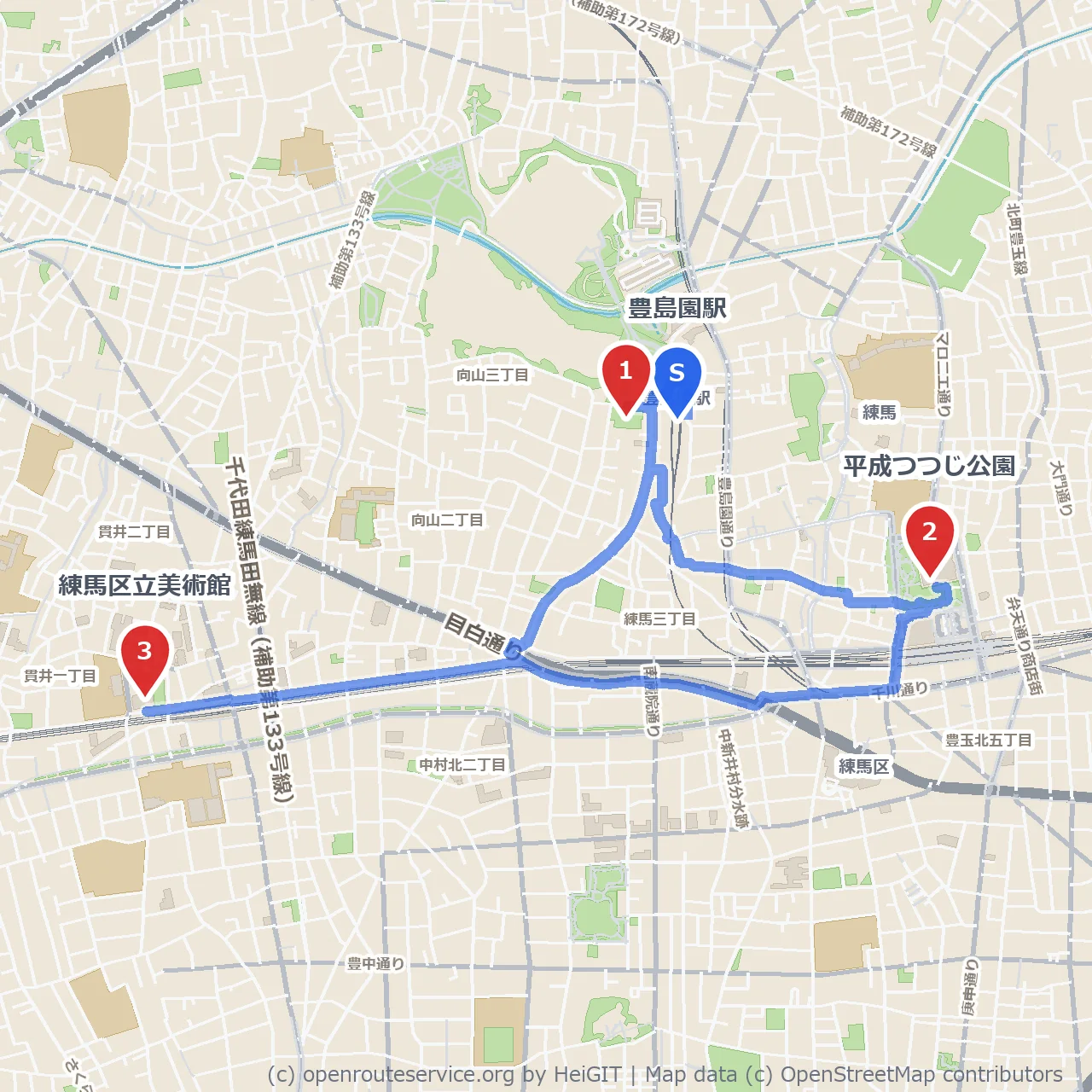 向山庭園と平成つつじ公園を訪ねる練馬美術館散策 のコースマップ