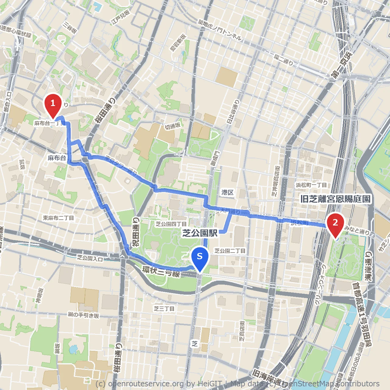 teamLab Borderlessと旧芝離宮の静かな庭園散策 のコースマップ