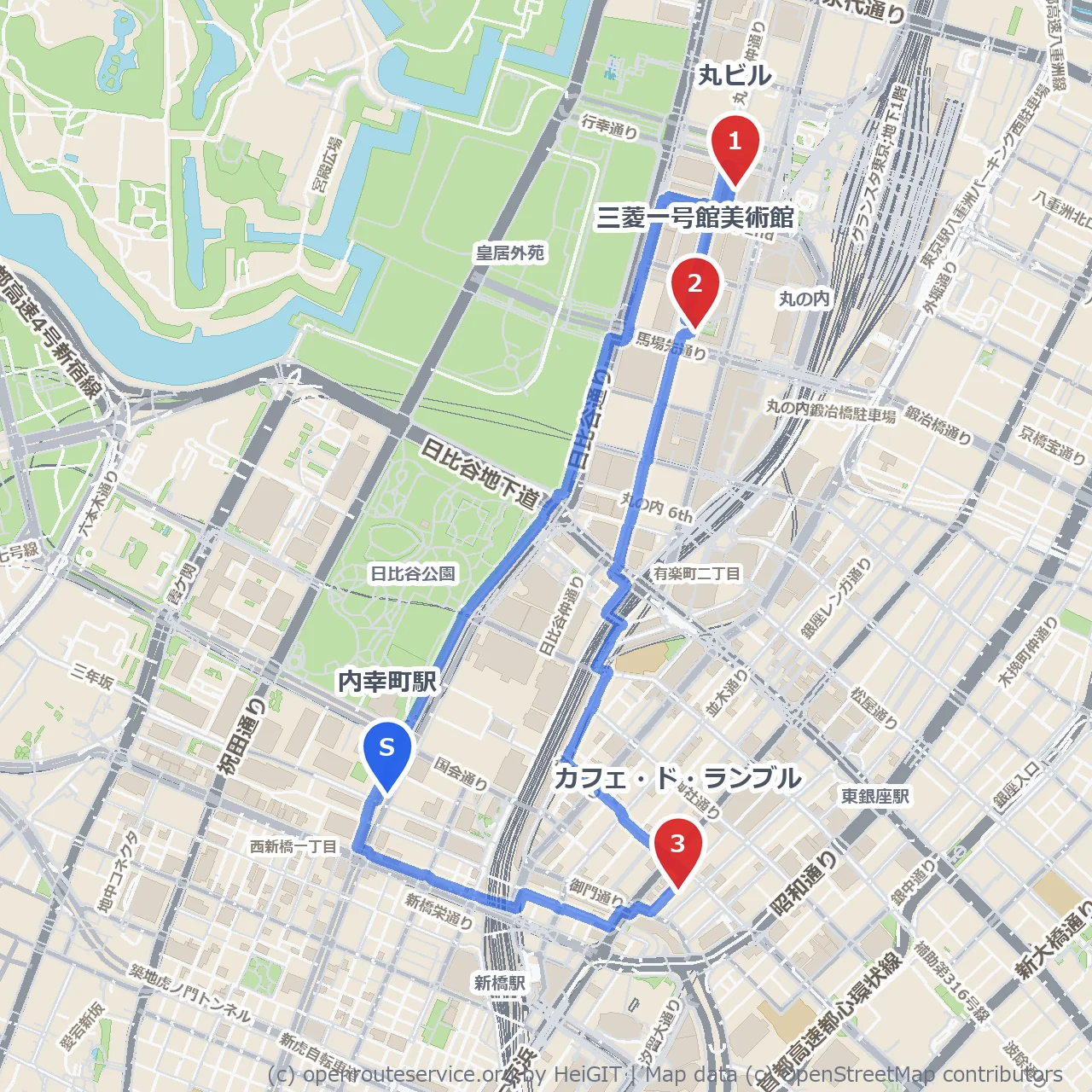 丸の内丸ビルと三菱一号館美術館の歴史歩き のコースマップ