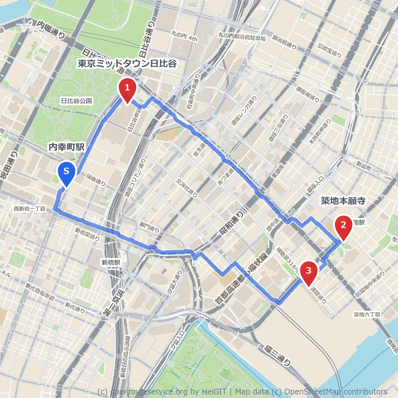 日比谷界隈から築地本願寺市場までの食と文化散策 のコースマップ