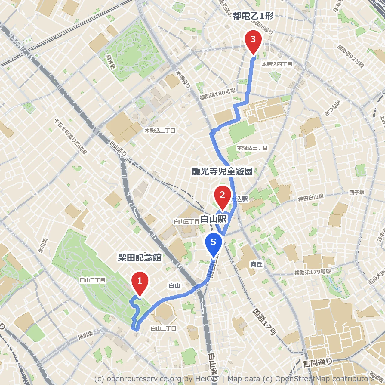 白山の歴史と遊び場巡り 柴田記念館から都電乙1形へ のコースマップ