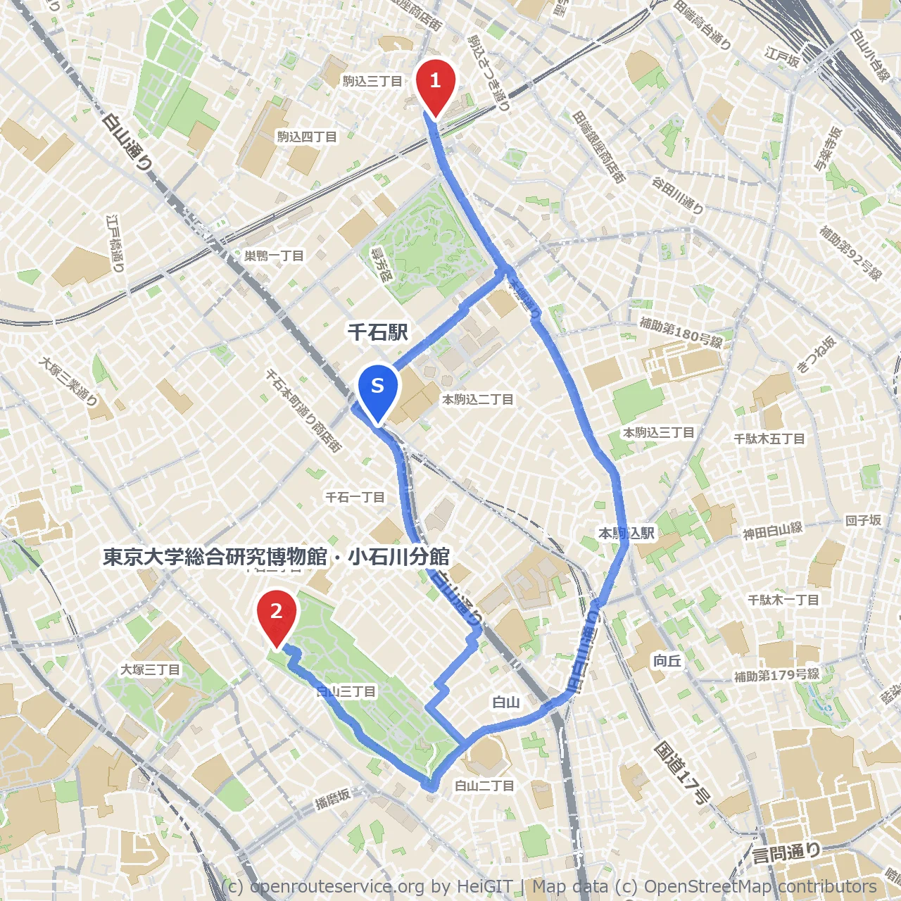 千石駅近く 染井吉野桜記念公園と東大博物館散策 のコースマップ
