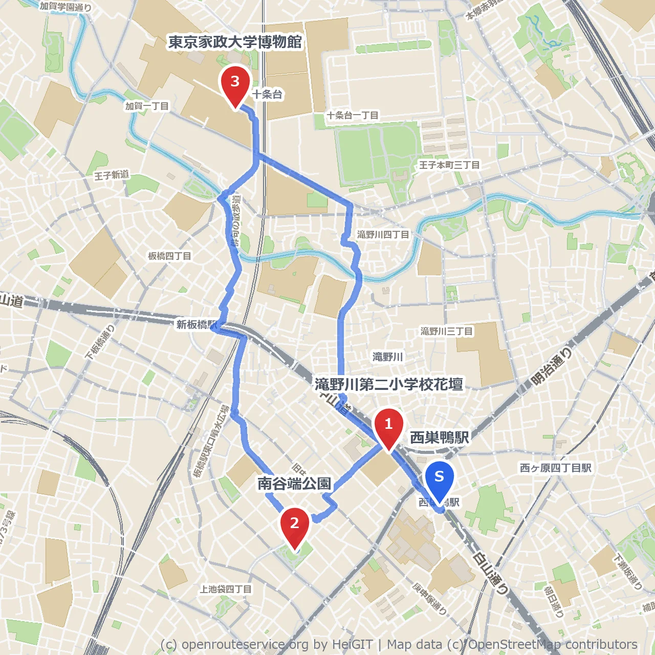 滝野川第二小学校花壇と東京家政大学博物館をめぐる散歩道 のコースマップ