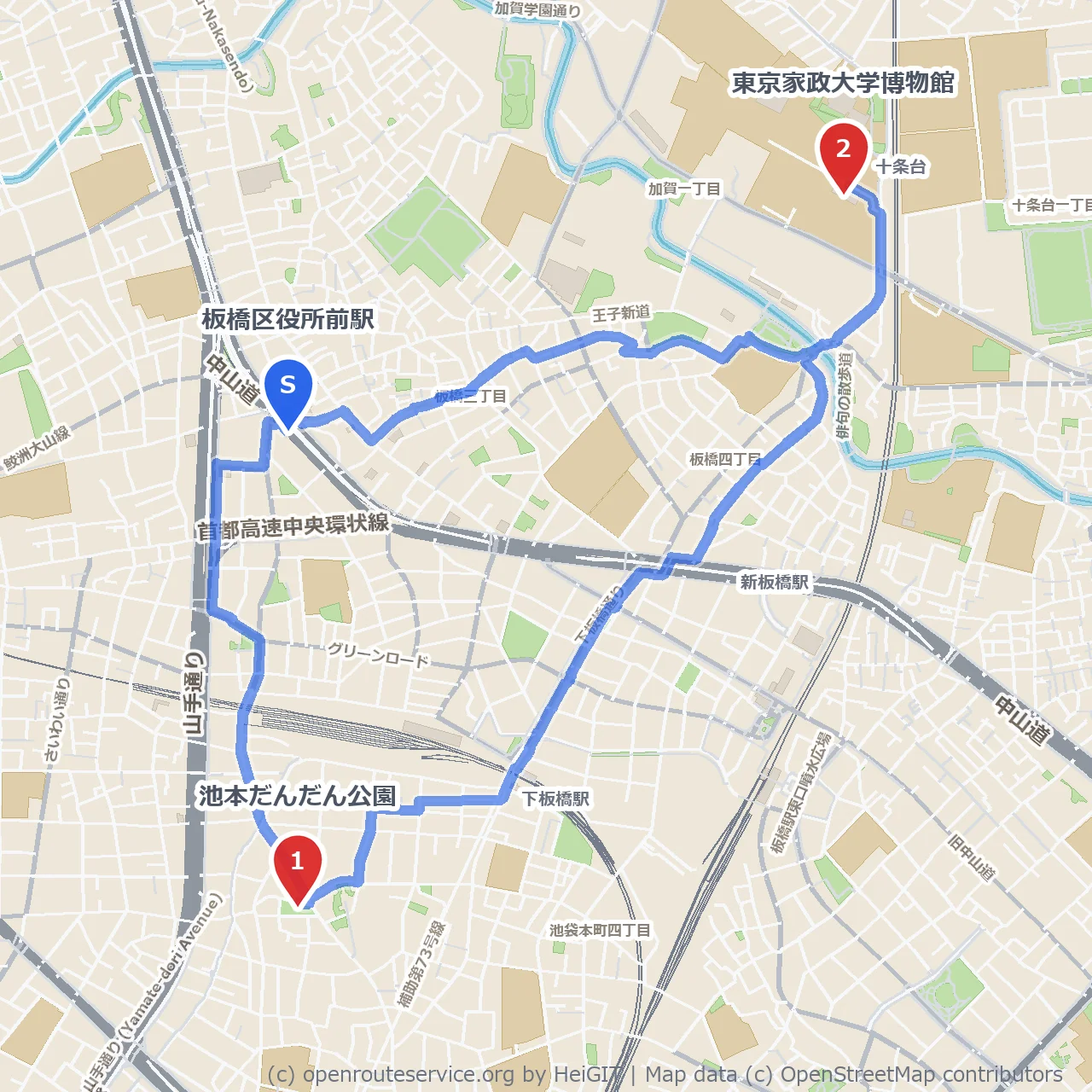 池本だんだん公園と東京家政大学博物館散策 のコースマップ