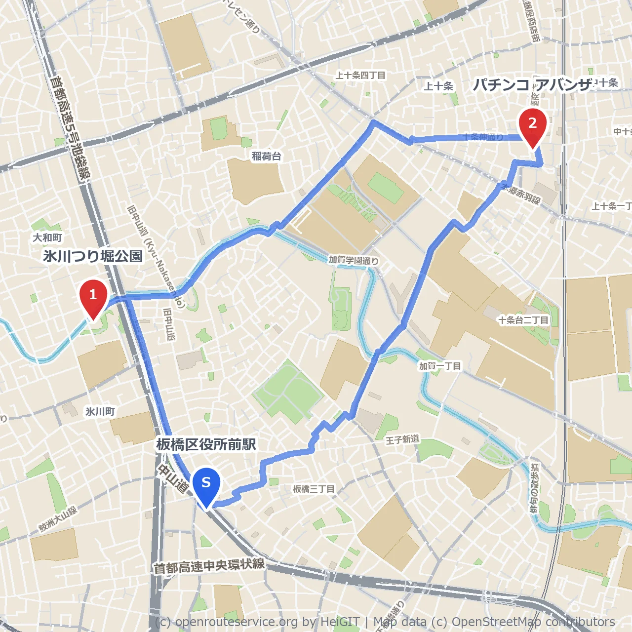 氷川つり堀公園で自然を満喫しパチンコアバンザへ のコースマップ