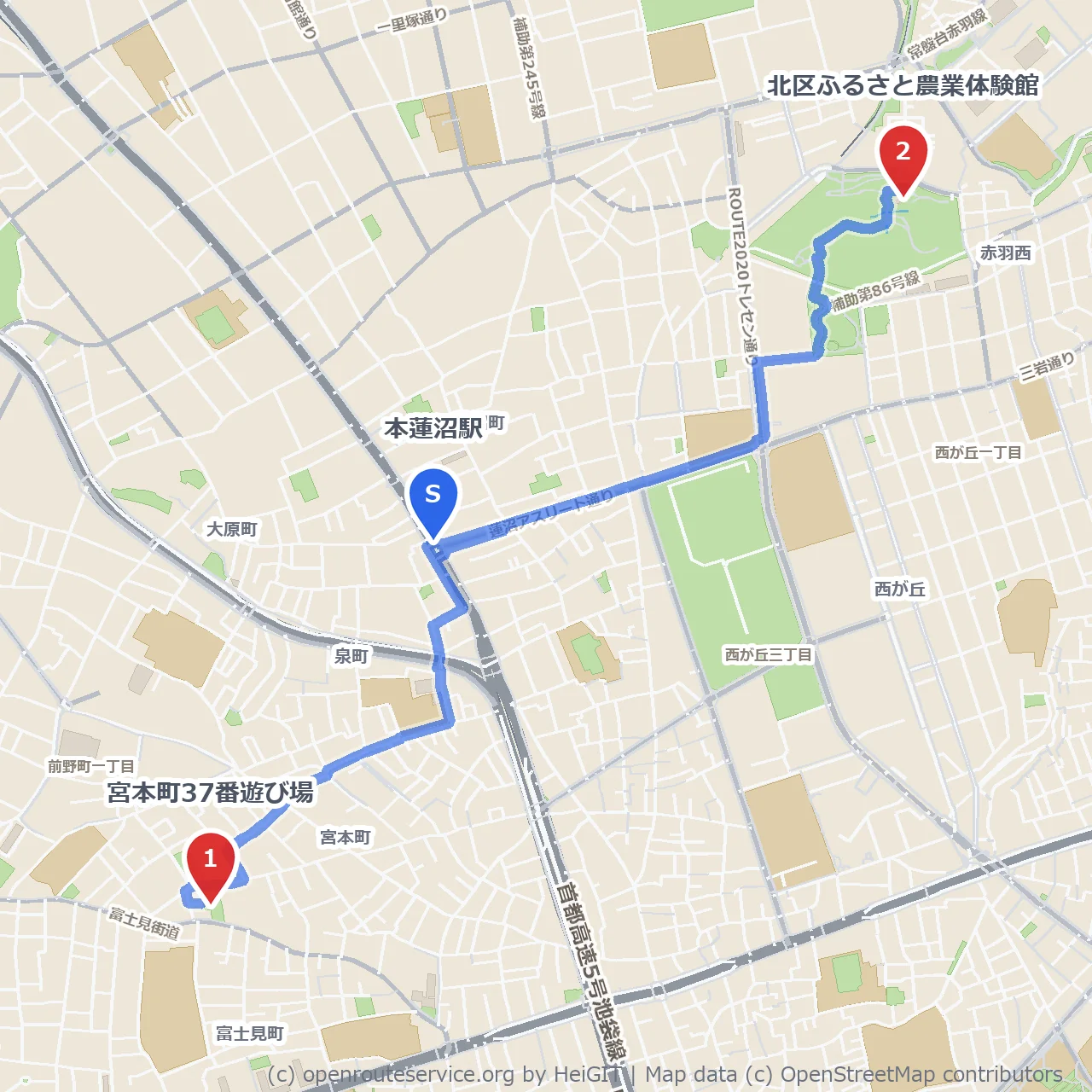 宮本町遊び場と北区農業体験館のほっこりコース のコースマップ