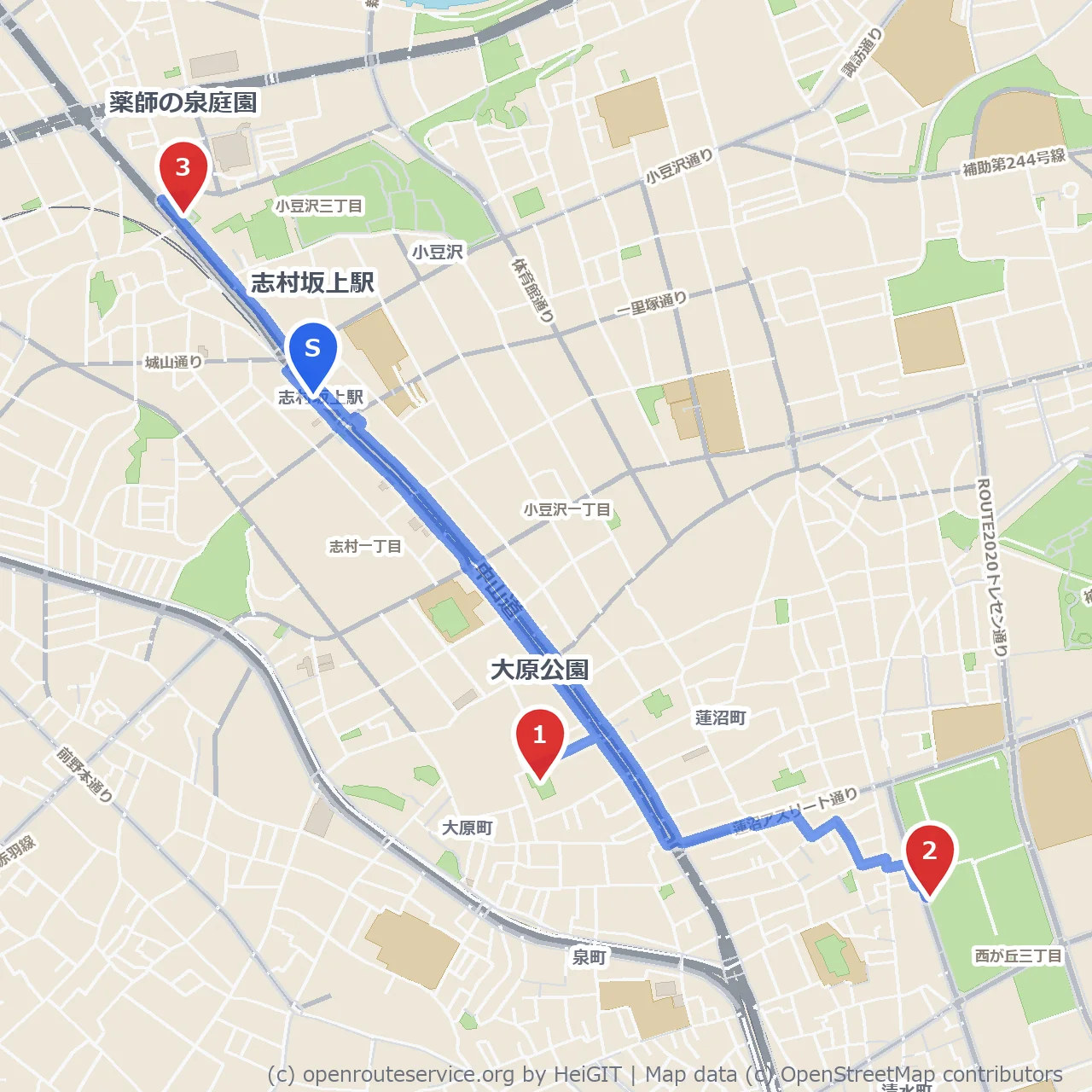 大原公園とスポーツ科学センターを巡る緑道 のコースマップ