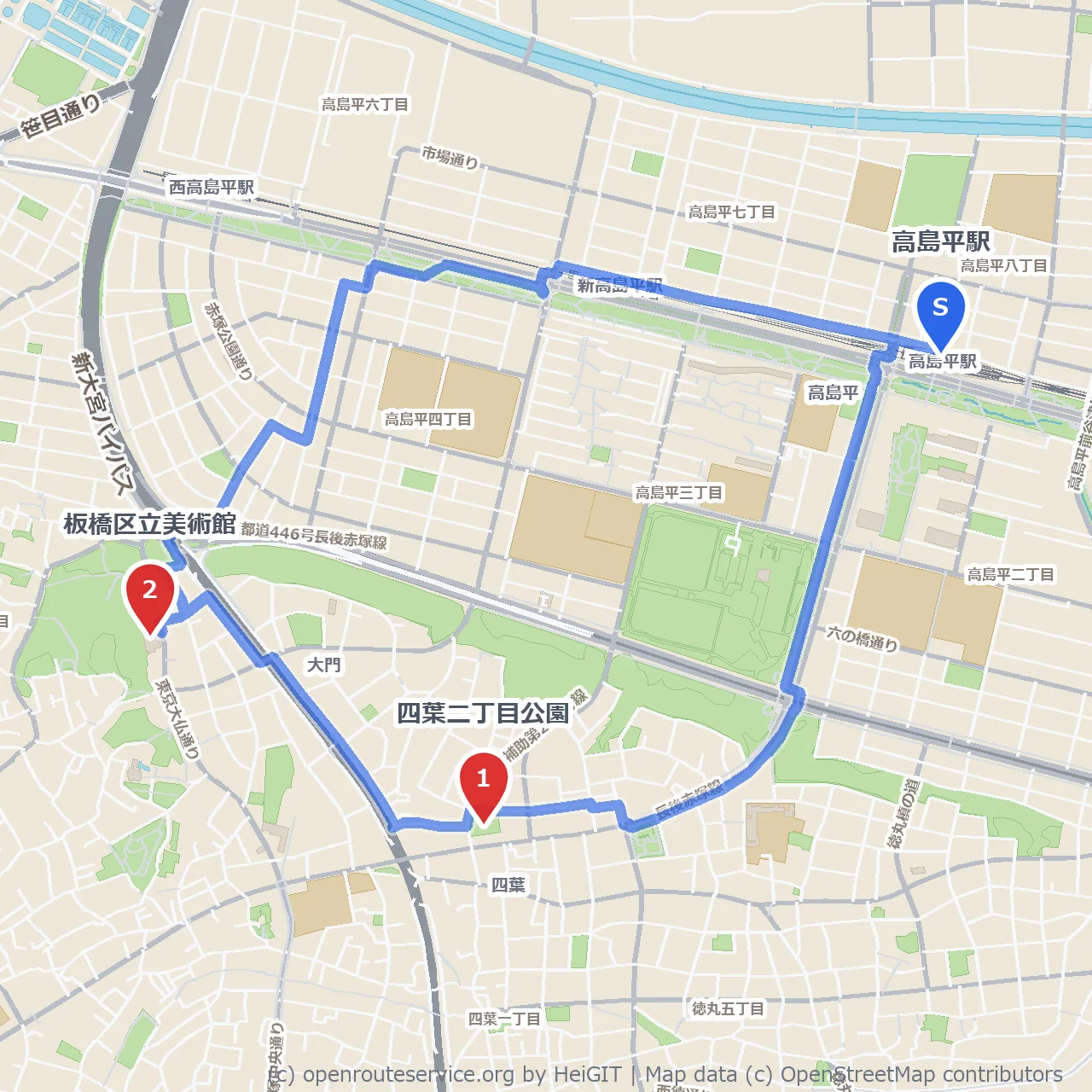 四葉二丁目公園から板橋区立美術館へ歩く道 のコースマップ